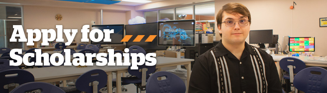 A Student sits smiling in a classroom. Associated text says "Apply for Scholarships"