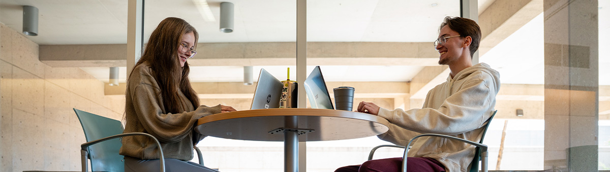 Two students sit in front of computers working in a lounge